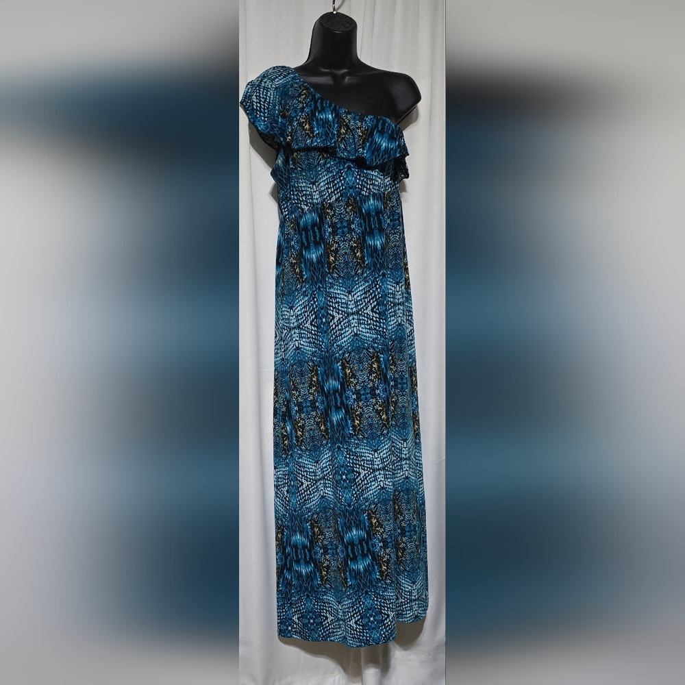 Mix & Co. Women's Blue Polyester One Shoulder Off Sleeveless Long Maxi Dress M